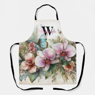 Monogram name Tropical flowers leaves watercolor Apron