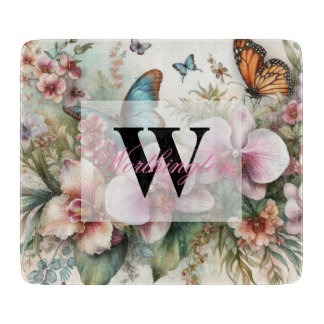 Monogram name Tropical flowers leaves watercolor Cutting Board