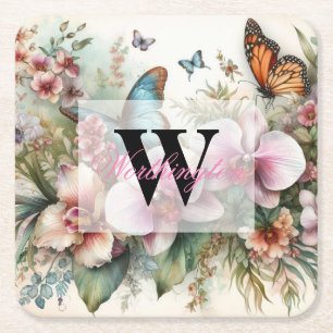 Monogram name Tropical flowers leaves watercolor Square Paper Coaster