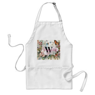 Monogram name Tropical flowers leaves watercolor  Standard Apron