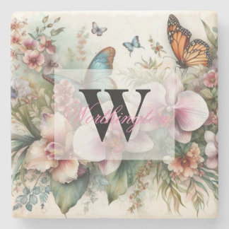 Monogram name Tropical flowers leaves watercolor Stone Coaster