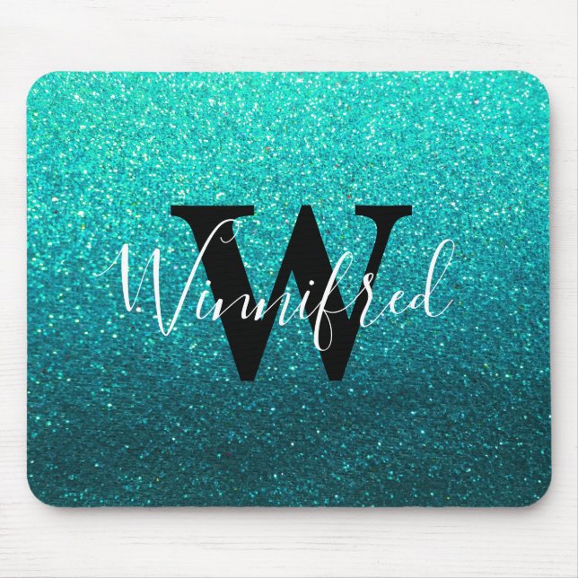 Monogram Name Turquoise Ombre Glitter Sparkles Mouse Pad (Front)