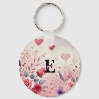 Monogram name Valentine hearts floral watercolor Key Ring