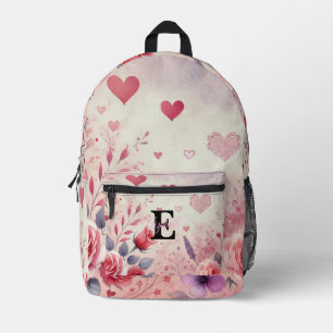 Monogram name Valentine hearts floral watercolor Printed Backpack