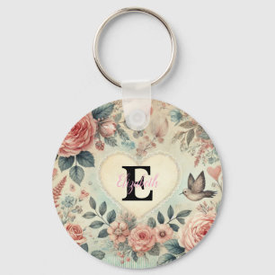 Monogram name vintage hearts floral watercolor  key ring