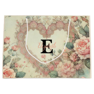 Monogram name vintage hearts floral watercolor  large gift bag