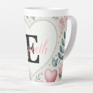 Monogram name Vintage hearts floral watercolor  Latte Mug