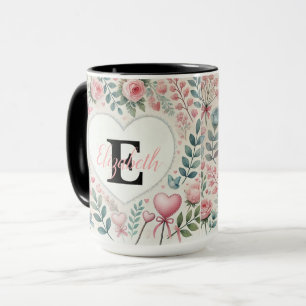 Monogram name Vintage hearts floral watercolor Mug
