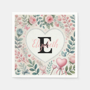 Monogram name Vintage hearts floral watercolor Napkin