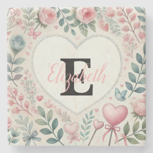 Monogram name Vintage hearts floral watercolor Stone Coaster