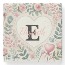Monogram name Vintage hearts floral watercolor