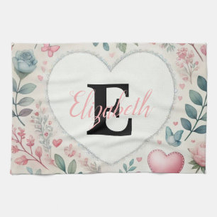 Monogram name Vintage hearts floral watercolor  Tea Towel