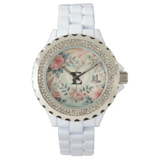 Monogram name vintage hearts floral watercolor  watch
