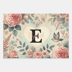 Monogram name vintage hearts floral watercolor wrapping paper sheet