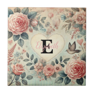 Monogram name vintage romantic hearts pink floral ceramic tile