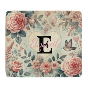 Monogram name vintage romantic hearts pink floral cutting board