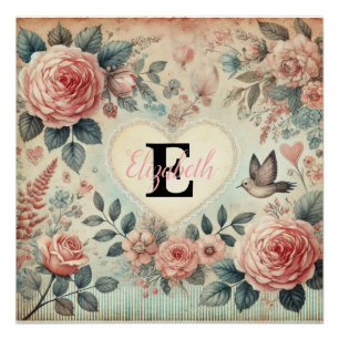 Monogram name vintage romantic hearts pink floral poster