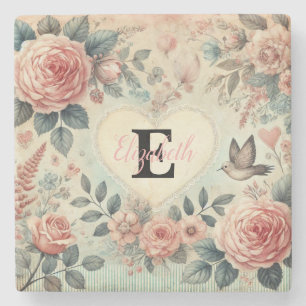 Monogram name vintage romantic hearts pink floral stone coaster