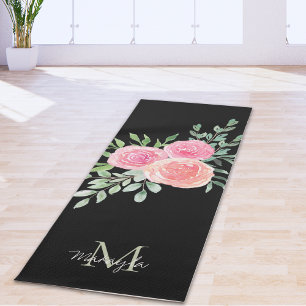 Monogram Name Watercolor Floral Black Yoga Mat