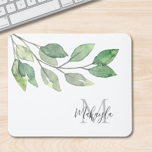 Monogram Name Watercolor Greenery Mouse Pad