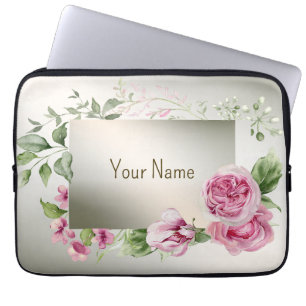 Monogram Name Watercolor Pink Floral Frame Bronze Laptop Sleeve