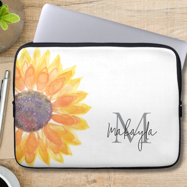 Monogram Name Watercolor Sunflower Laptop Sleeve (Creator Uploaded)