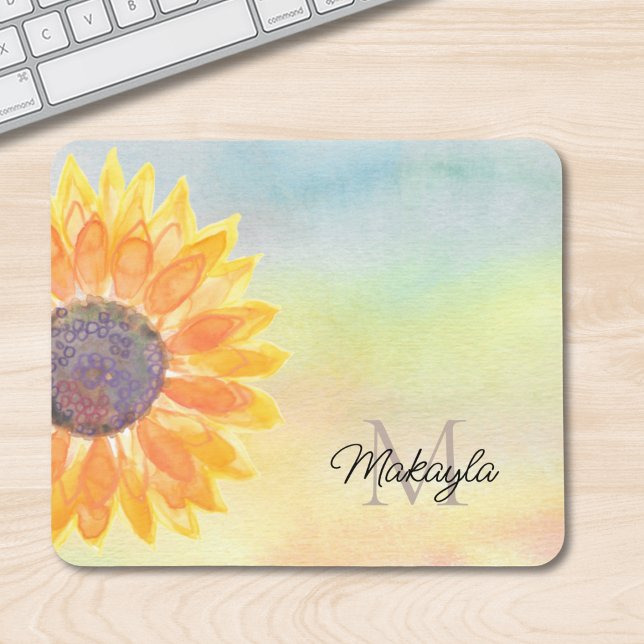 Monogram Name Watercolor Sunflower Mouse Pad (Creator Uploaded)