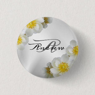 Monogram Name Wedding Party Gift Floral White 3 Cm Round Badge