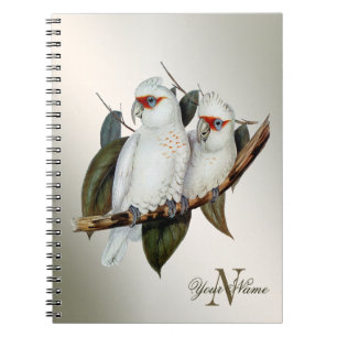 Monogram Name White Birds Cockatoo Green Leaves Notebook
