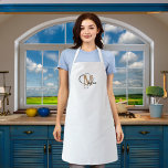 Monogram name white black gold apron<br><div class="desc">A stylish white background. Personalise and add your first name and monogram initial.   Black and golden text.</div>