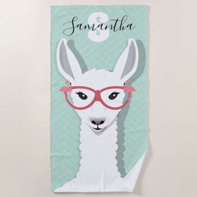 Monogram Name White Green Llama Flamingo Glasses Beach Towel (Front)