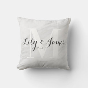 Monogram Name White Grey Marble Wedding Keepsake Cushion