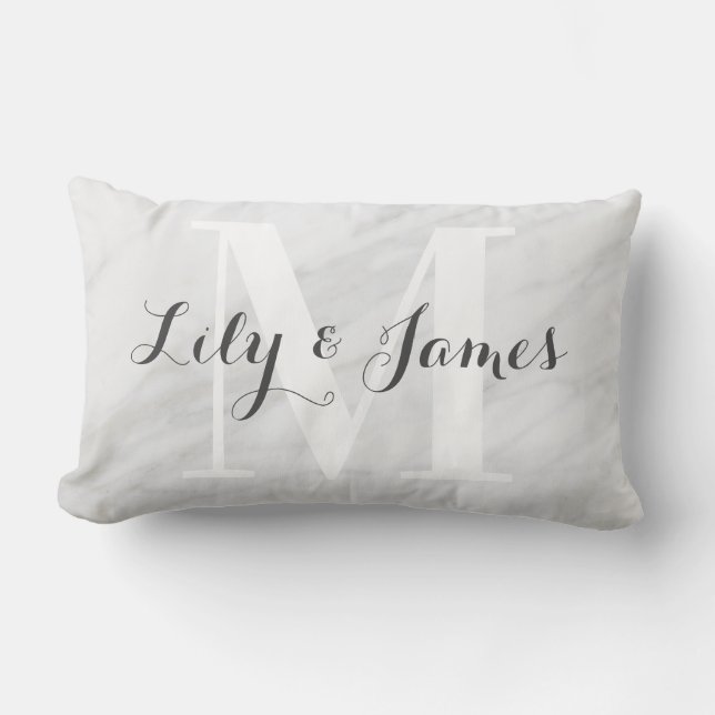 Monogram Name White Grey Marble Wedding Keepsake Lumbar Cushion (Front)