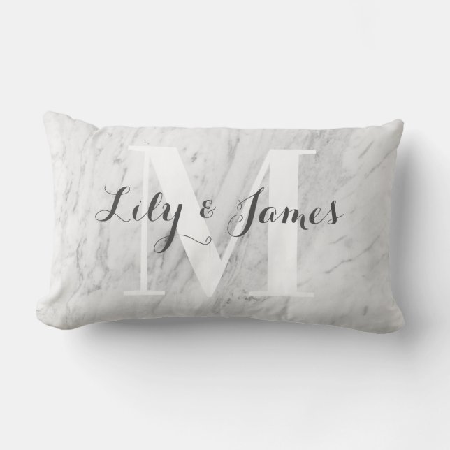 Monogram Name White Grey Marble Wedding Keepsake Lumbar Cushion (Front)