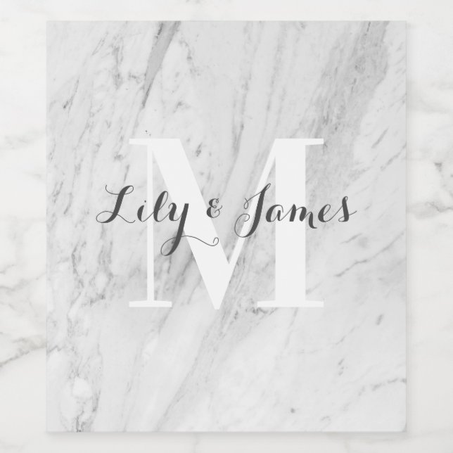 Monogram Name White Grey Marble Wedding Keepsake Wine Label (Single Label)