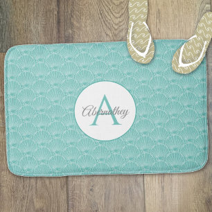 Monogram Name White Sea Shell Pattern Beach House Bath Mat