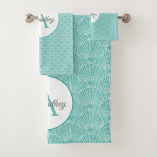 Monogram Name White Sea Shell Pattern Beach House Bath Towel Set