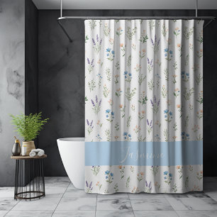 Monogram Name Wildflower Blue Lavender Boho Shower Curtain