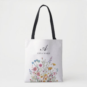 Monogram Name Wildflower Boho Chic Tote Bag