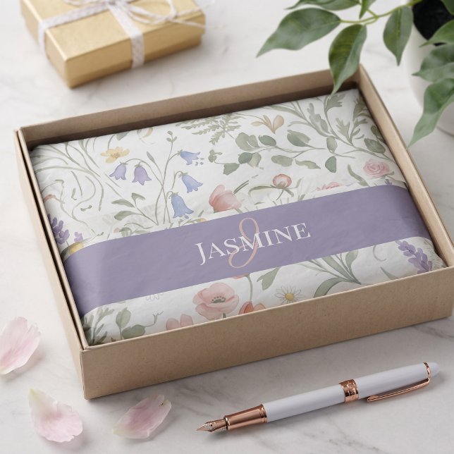 Monogram Name Wildflower Boho Lavender Poppies Tissue Paper (Creator Uploaded)