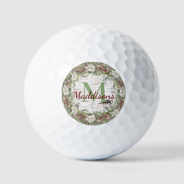 Monogram Name Winter Woodland White Rose Pine Cone Golf Balls (Front)