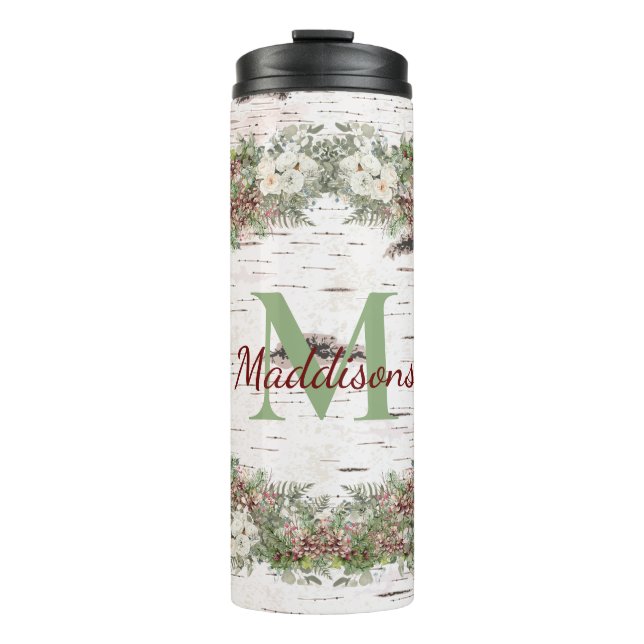 Monogram Name Winter Woodland White Rose Pine Cone Thermal Tumbler (Front)