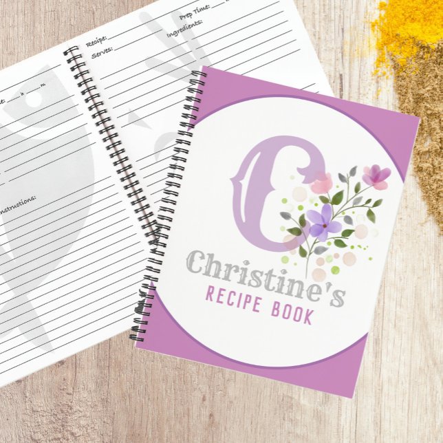 Monogram & Name with Flowers Notebook (Recipe book with name and initial)