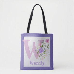 Monogram & Name with Flowers Tote Bag