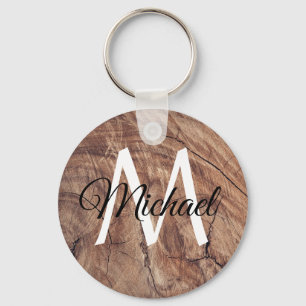 Monogram name, wood, black and white text key ring