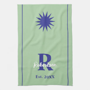 Monogram Name Year Sage Green Blue Star Minimalist Tea Towel