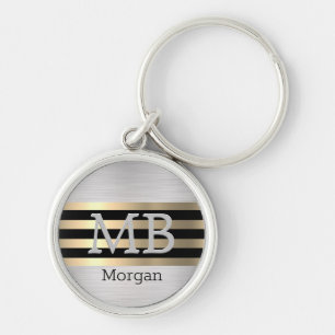 Monogram & Name, Yel Gold Brushed Steel Black Key Ring