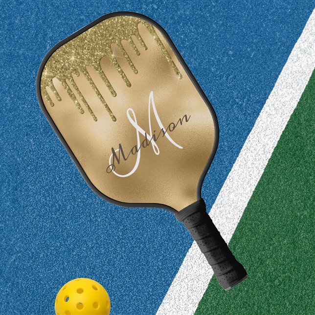 Monogram Name Yellow gold Glitter look  Pickleball Paddle (Creator Uploaded)