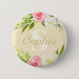 Monogram Name Yellow Pink Watercolor Floral 6 Cm Round Badge