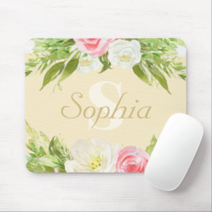 Monogram Name Yellow Pink Watercolor Floral Mouse Pad